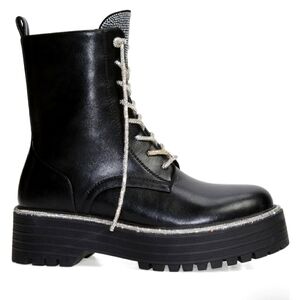 Azelea Wang Black Attentive Silver Bling Combat Boots NIB 7 RHINESTONE GOTH PUNK